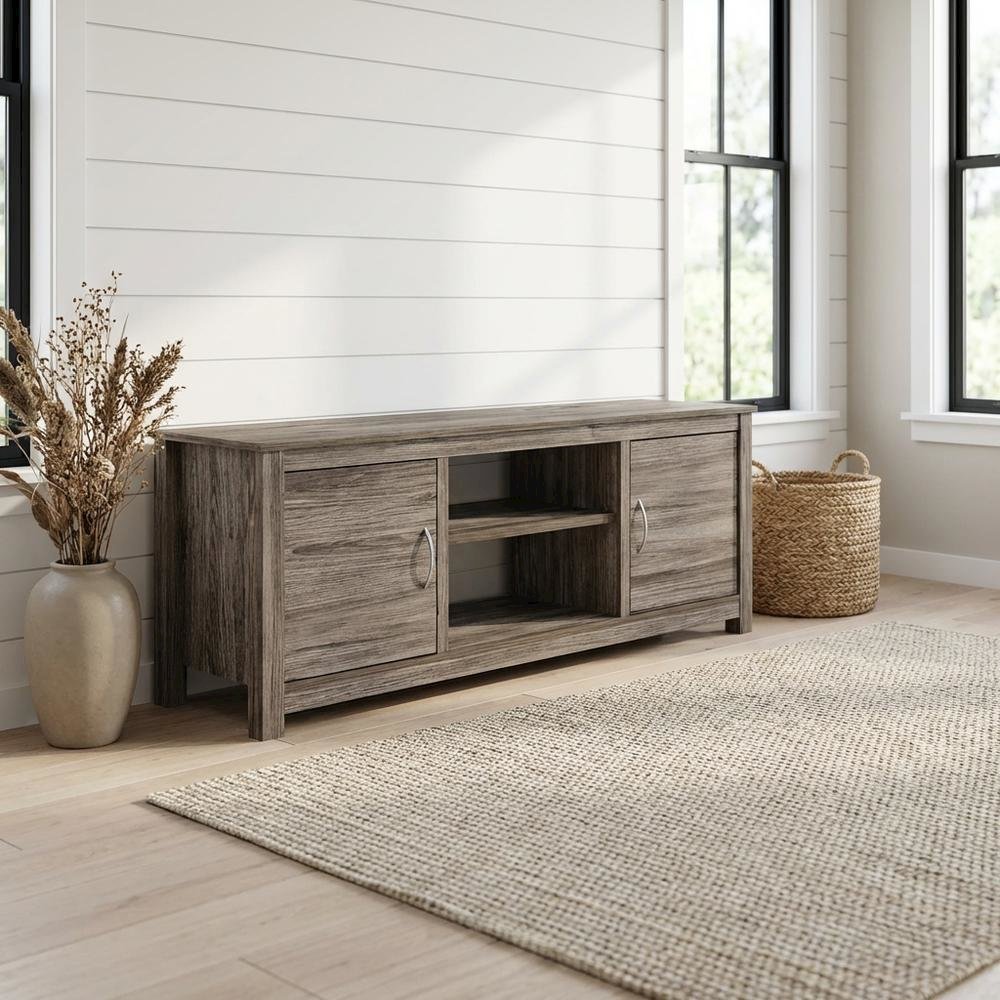 Wooden TV stand with rustic oak finish for up to 65-inch screens, ample storage. Picture 2