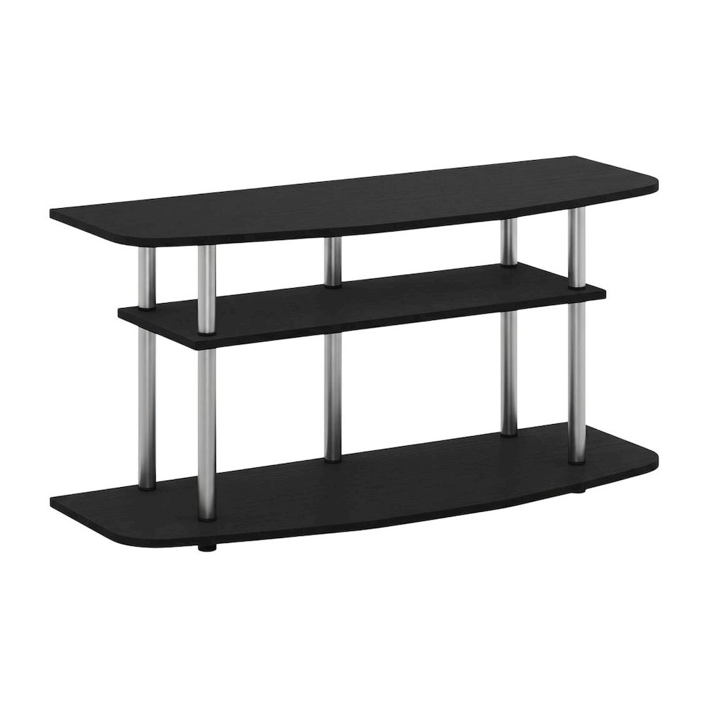 Wood TV stand in black oak finish, 3-tier open shelves, living room storage. Picture 1