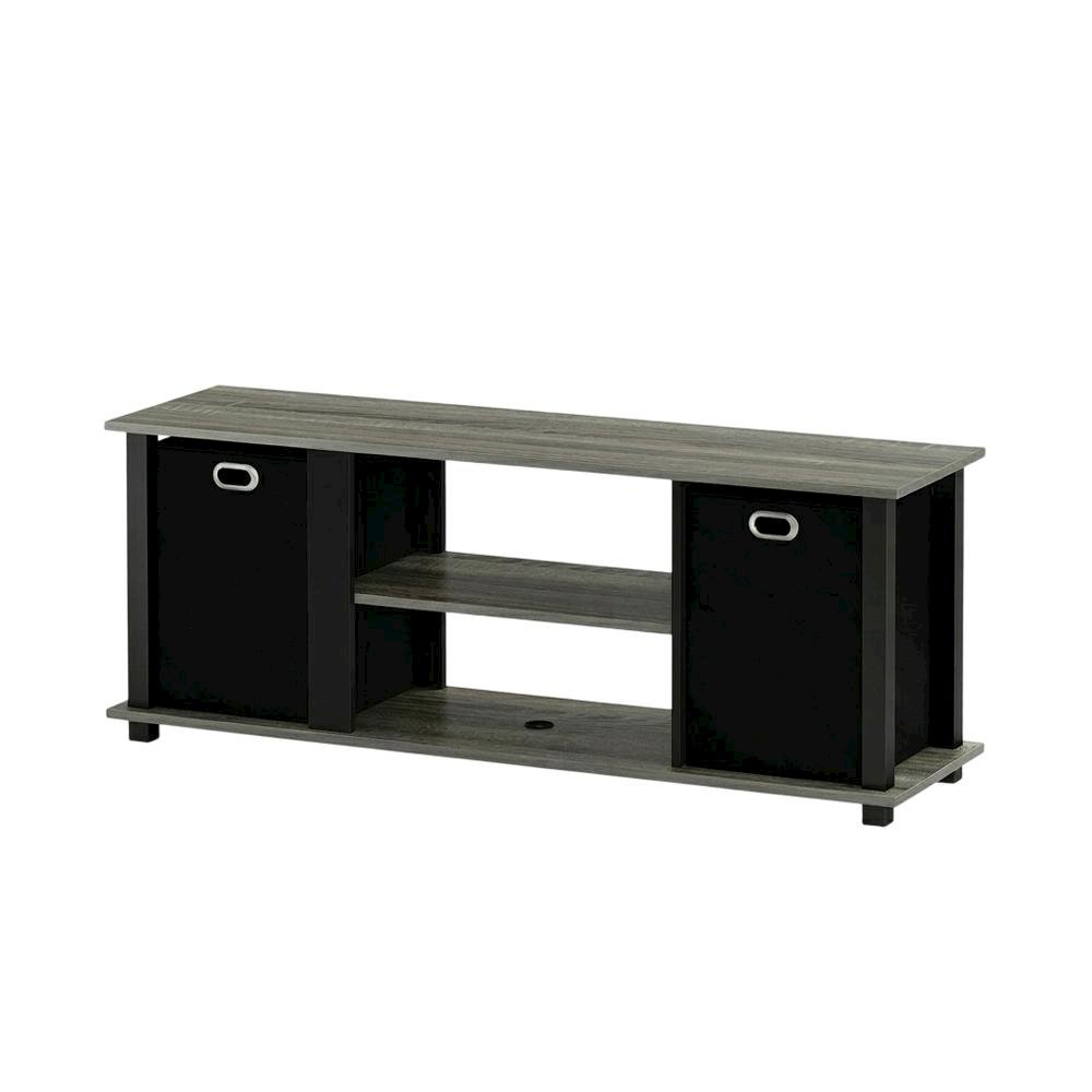 Wood Entertainment Center with Storage Bins in French Oak and Black Finish. Picture 1