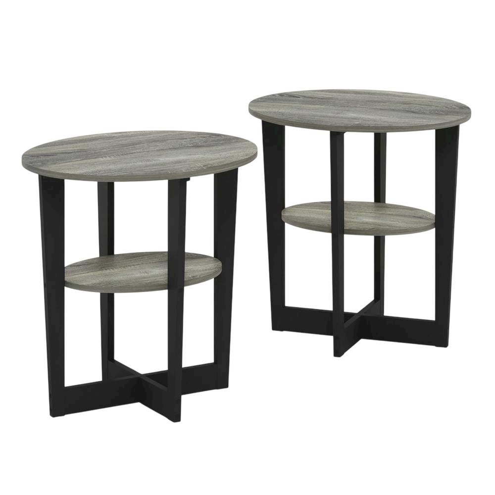 Modern French Oak Grey and Black Oval End Table Set (2). Picture 1