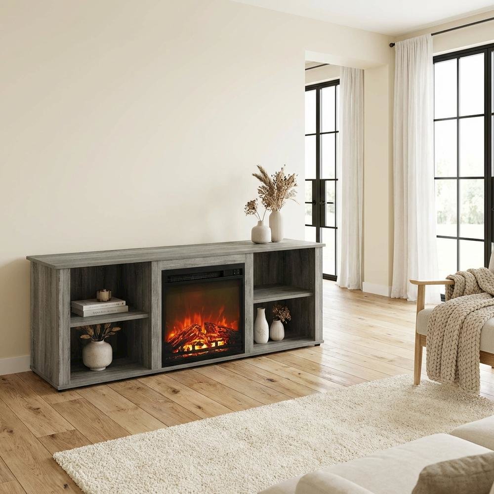 Wood TV Stand with Fireplace and French Oak Grey Finish, Modern Design. Picture 3