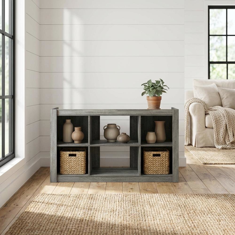 Wooden TV stand, open shelves, storage compartments, French Oak Grey finish. Picture 2