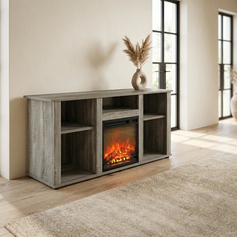 Gray Fireplace TV Stand with Open Storage for Up to 55-Inch Flat Screens. Picture 3