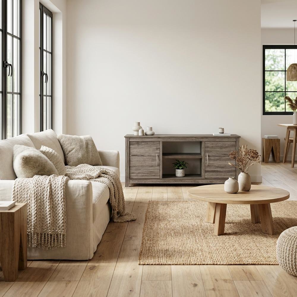 Wooden TV stand with rustic oak finish for up to 65-inch screens, ample storage. Picture 3