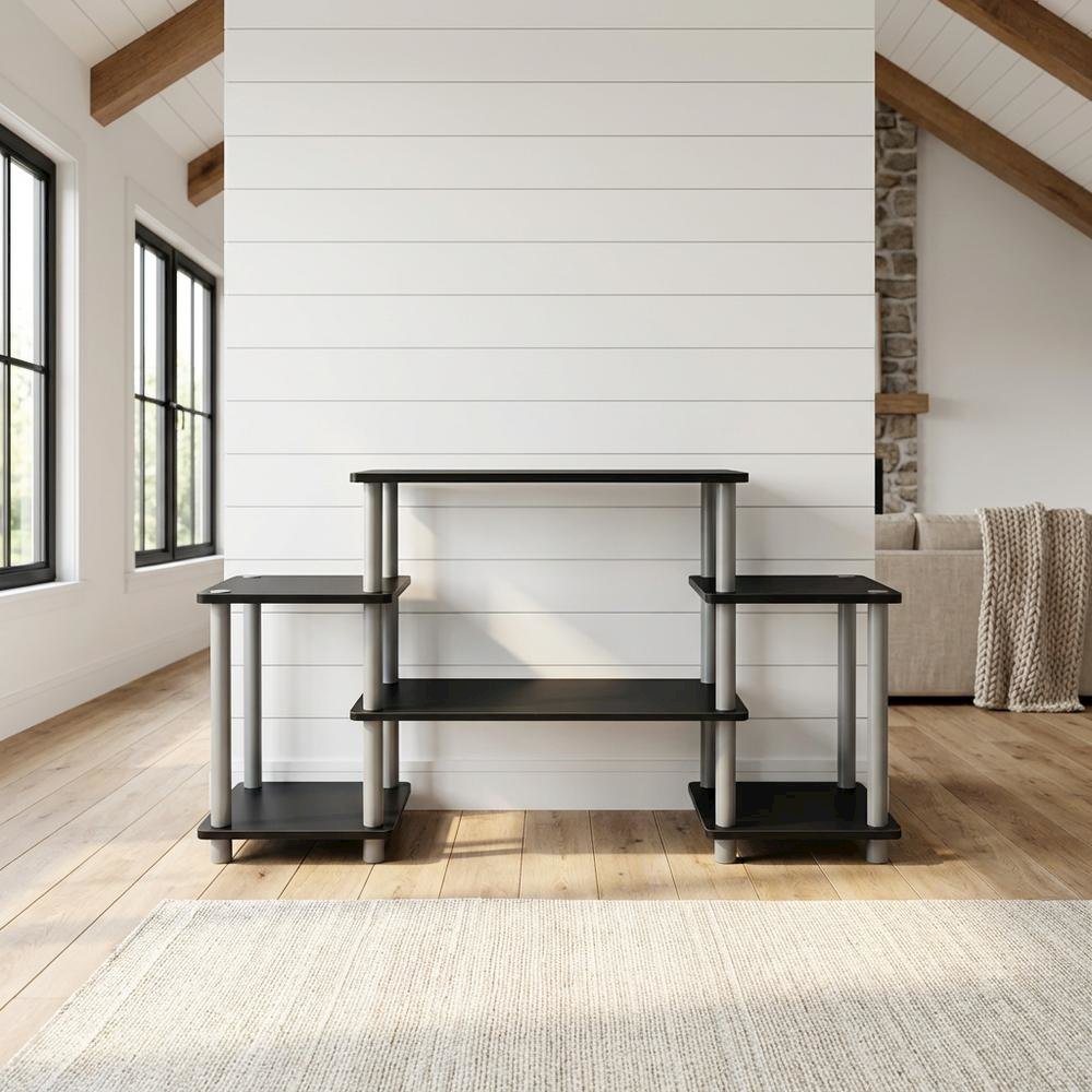 Black/Grey no tools entertainment center with modern design, sturdy construction. Picture 2