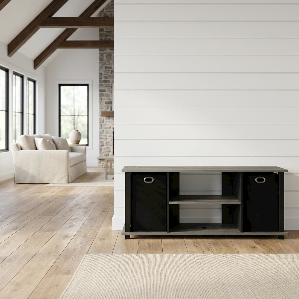 Wood Entertainment Center with Storage Bins in French Oak and Black Finish. Picture 2