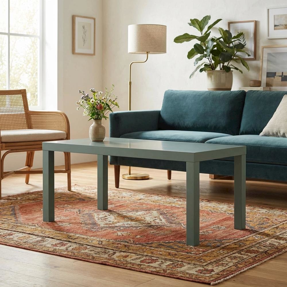 Rectangular Sage Green Coffee Table with Thick Tabletop, Modern Style. Picture 2