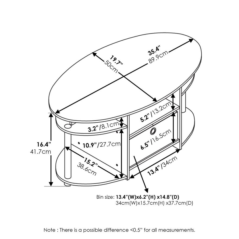Furinno JAYA Simple Design Oval Coffee Table with Bin, White Oak, Stainless Steel Tubes. Picture 2