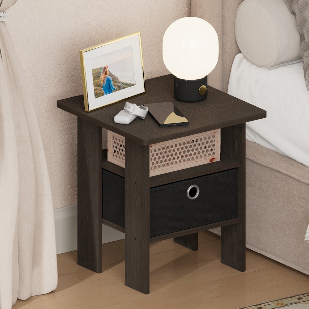 TIDUR Night Stand, Open Shelf, Storage Bin, Dark Brown. Picture 3