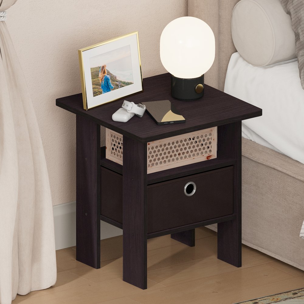 TIDUR Night Stand, Open Shelf, Storage Bin, Dark Walnut. Picture 3