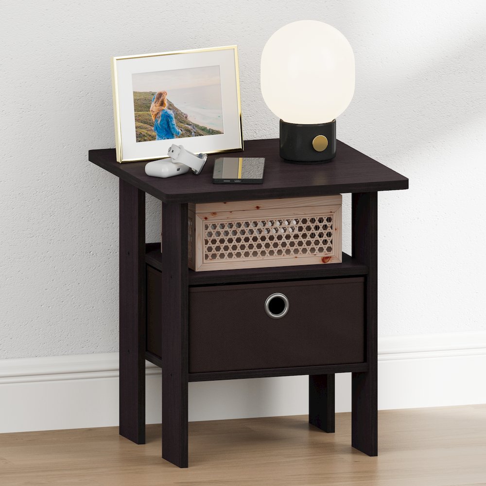 TIDUR Night Stand, Open Shelf, Storage Bin, Dark Walnut. Picture 4