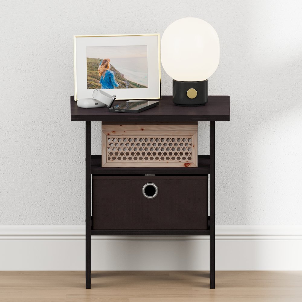 TIDUR Night Stand, Open Shelf, Storage Bin, Dark Walnut. Picture 2