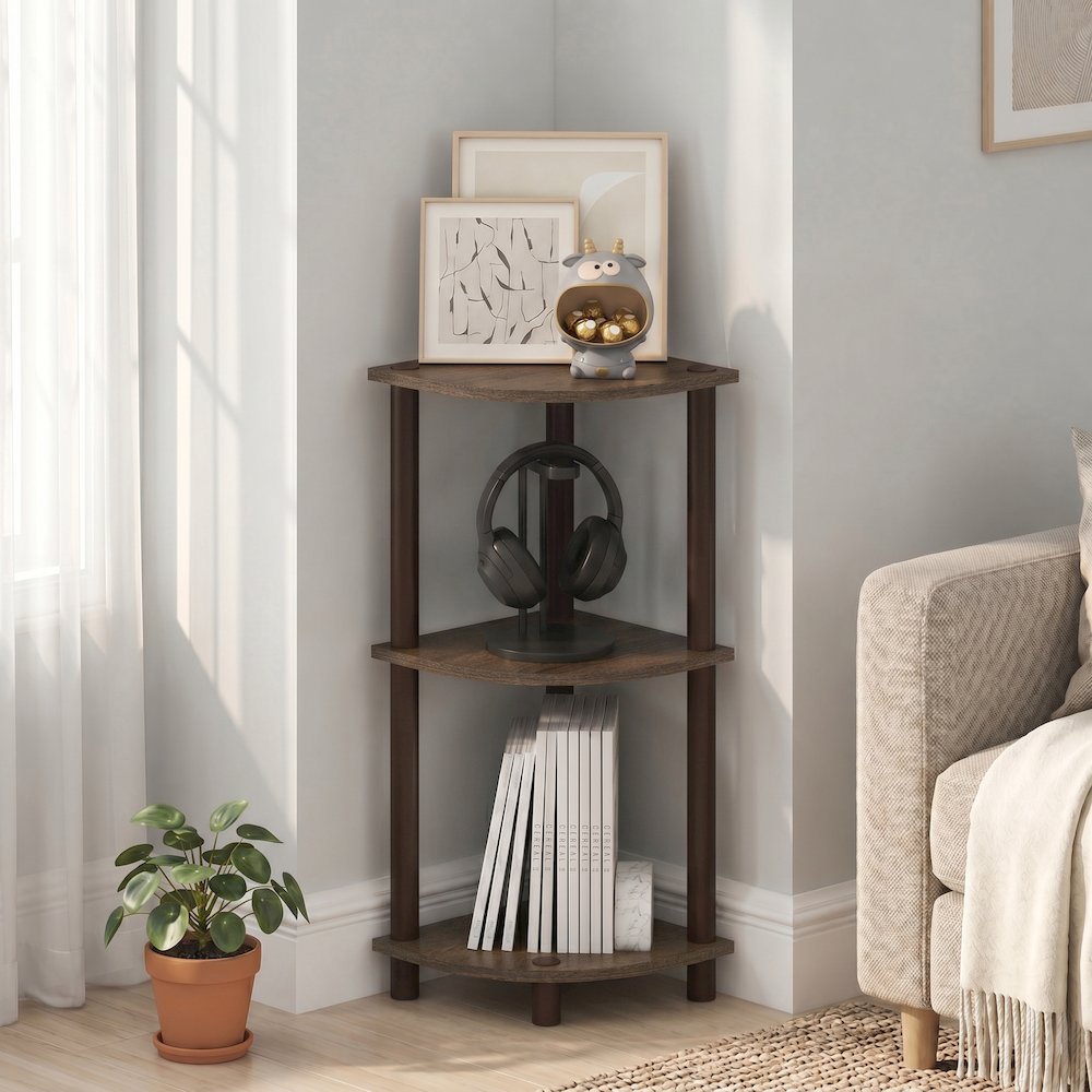 Turn-N-Tube 3-Tier Corner Shelf, Toolless Assembly, Walnut. Picture 4