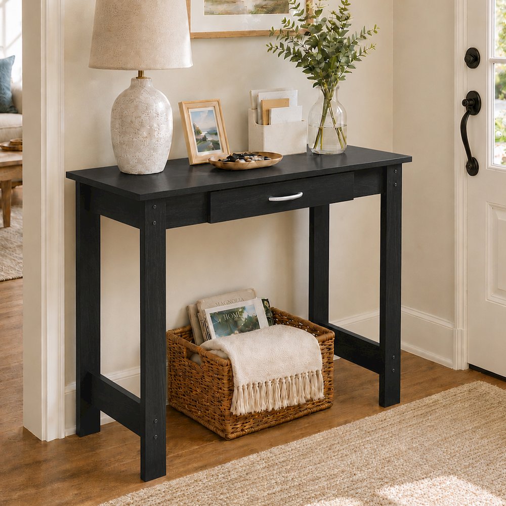 JAYA 40-In Entryway Table, Drawer, Narrow Console, Black. Picture 2
