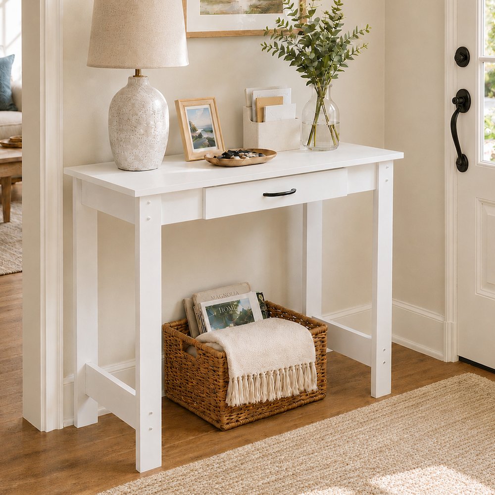 JAYA 40-In Entryway Table, Drawer, Narrow Console, White. Picture 2
