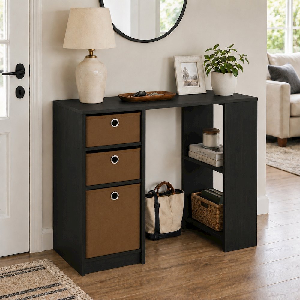 JAYA 40-In Entryway Table, 3 Fabric Drawers, Open Shelf, Espresso. Picture 2