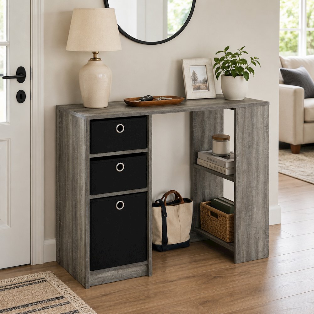 JAYA 40-In Entryway Table, 3 Fabric Drawers, Open Shelf, French Oak. Picture 2