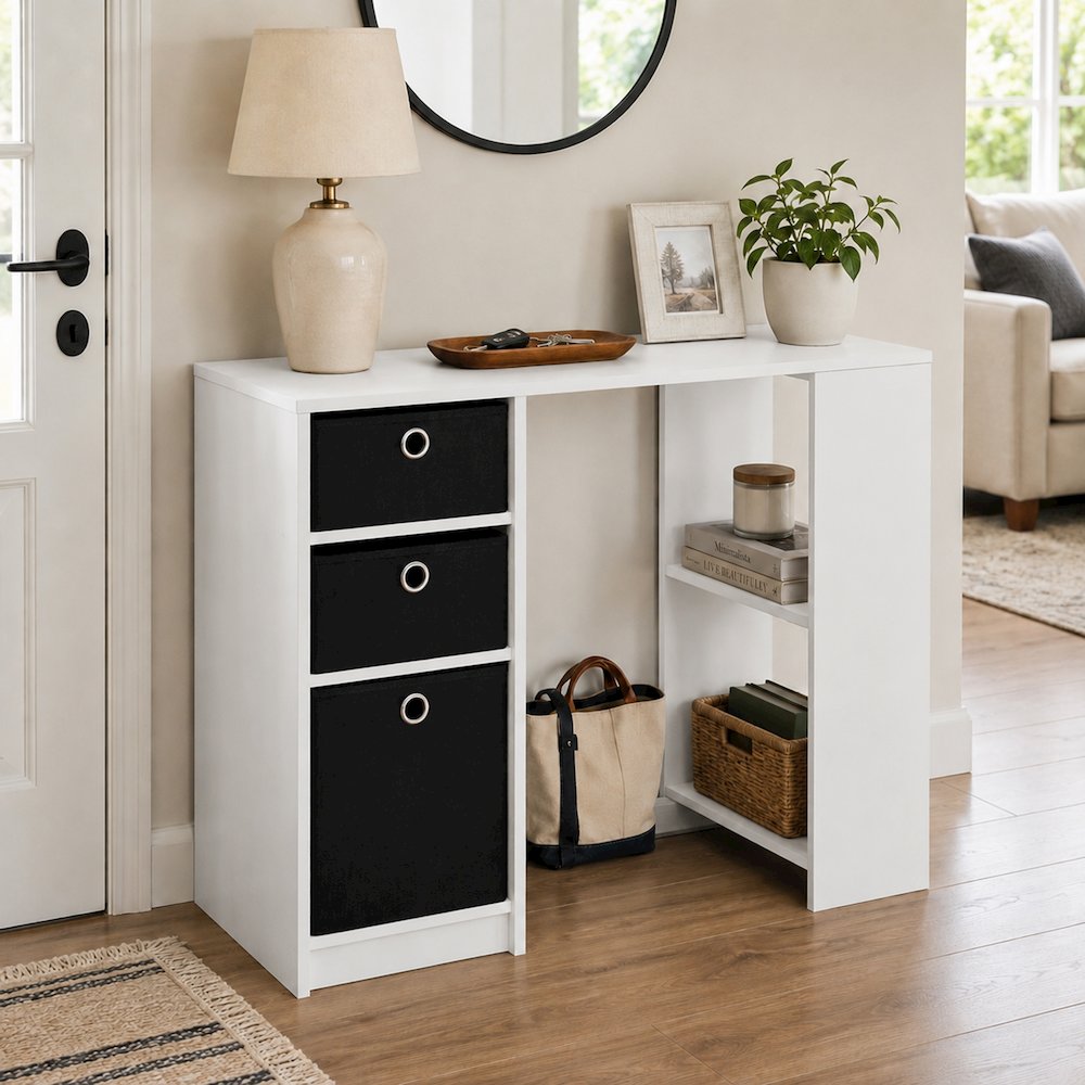 JAYA 40-In Entryway Table, 3 Fabric Drawers, Open Shelf, White. Picture 2