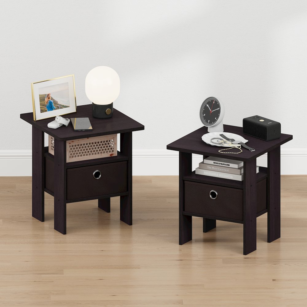 TIDUR Night Stand Set of 2, Open Shelf, Storage Bin, Dark Walnut. Picture 2
