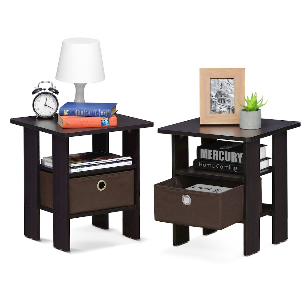 TIDUR Night Stand Set of 2, Open Shelf, Storage Bin, Dark Walnut. Picture 1