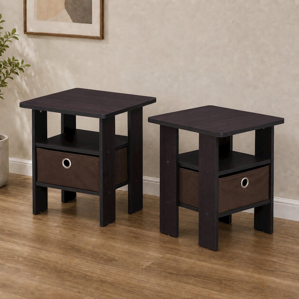 TIDUR Night Stand Set of 2, Open Shelf, Storage Bin, Dark Walnut. Picture 6