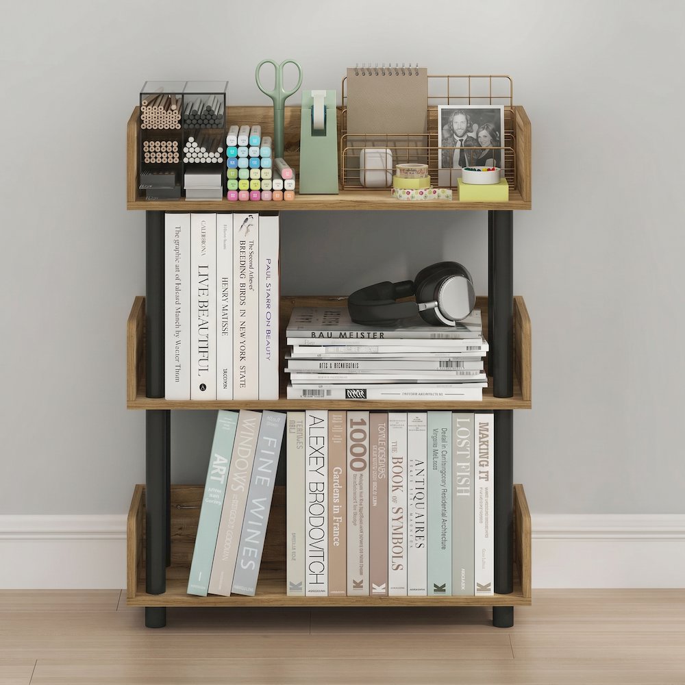 TURN-N-TUBE 3-Tier Bookshelf, Rounded Corners, 9.2x23.6x29.6, Flagstaff Oak. Picture 5