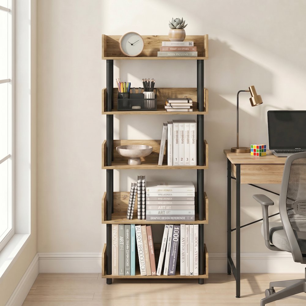 TURN-N-TUBE 5-Tier Bookshelf, Rounded Corners, 9.2x23.6x52.6, Flagstaff Oak. Picture 4