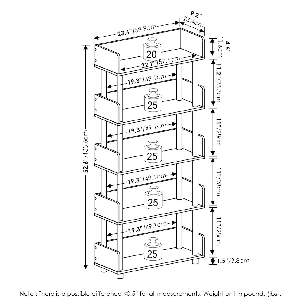 TURN-N-TUBE 5-Tier Bookshelf, Rounded Corners, 9.2x23.6x52.6, Walnut. Picture 2