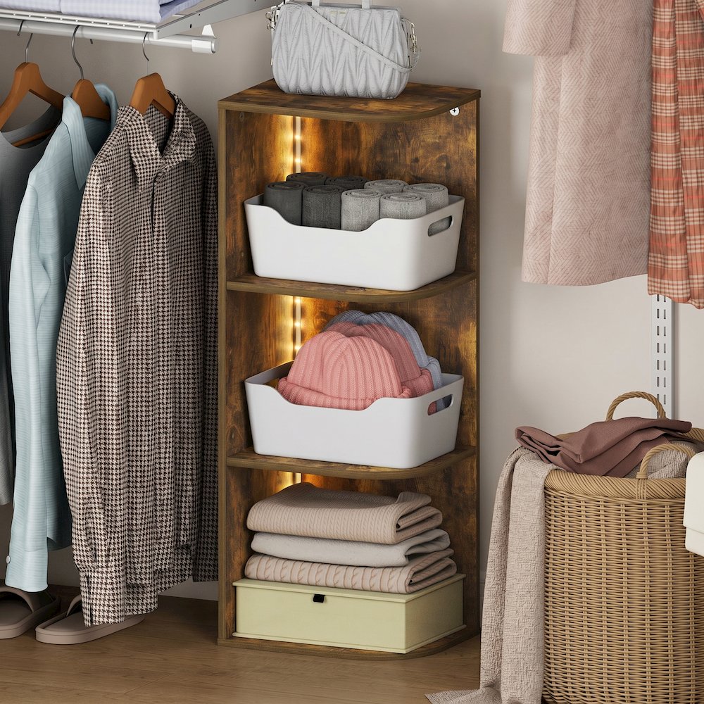 PASIR 3-Tier LED Corner Closet Organizer, 9.3x12x31.5, Amber Pine. Picture 3