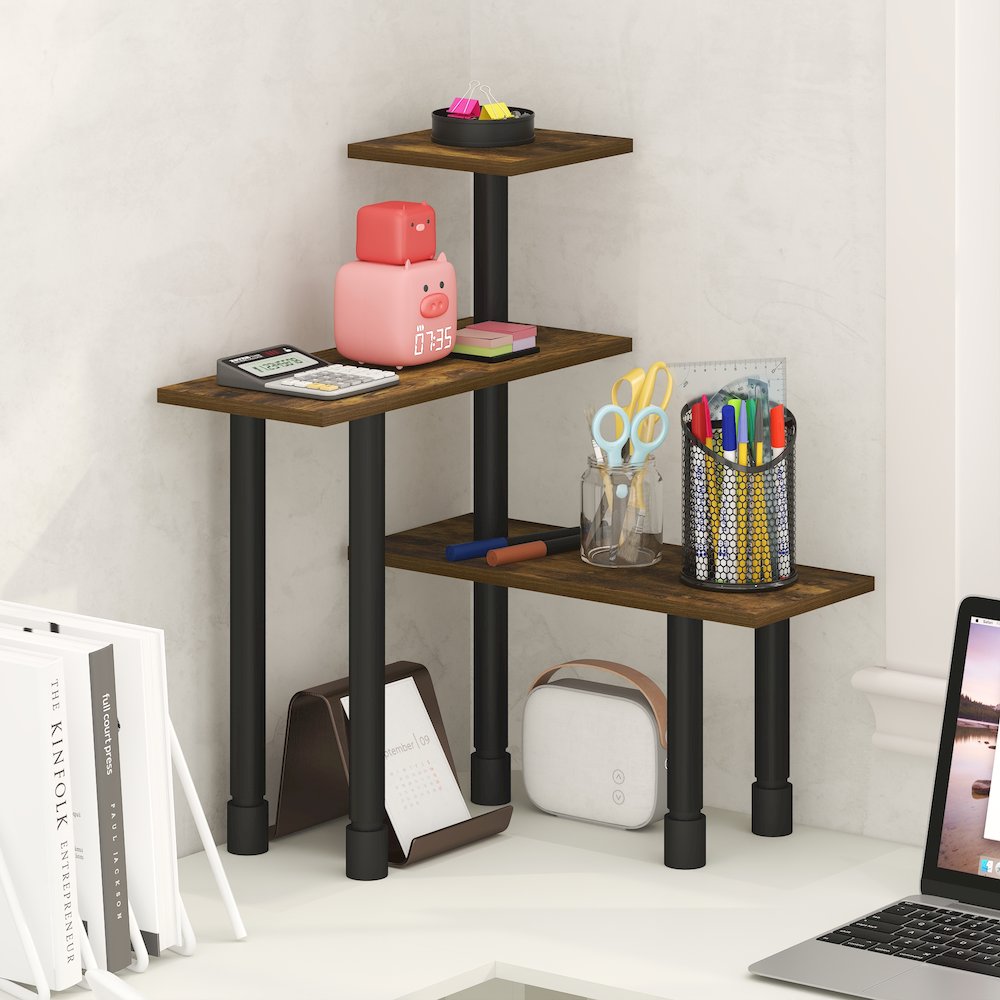 TURN-N-TUBE 3-Tier Desktop Organizer, Adjustable Shelf, Amber Pine. Picture 3