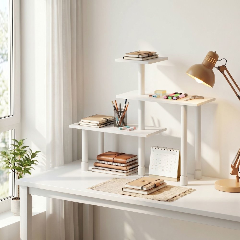 TURN-N-TUBE 3-Tier Desktop Organizer, Adjustable Shelf, White. Picture 4