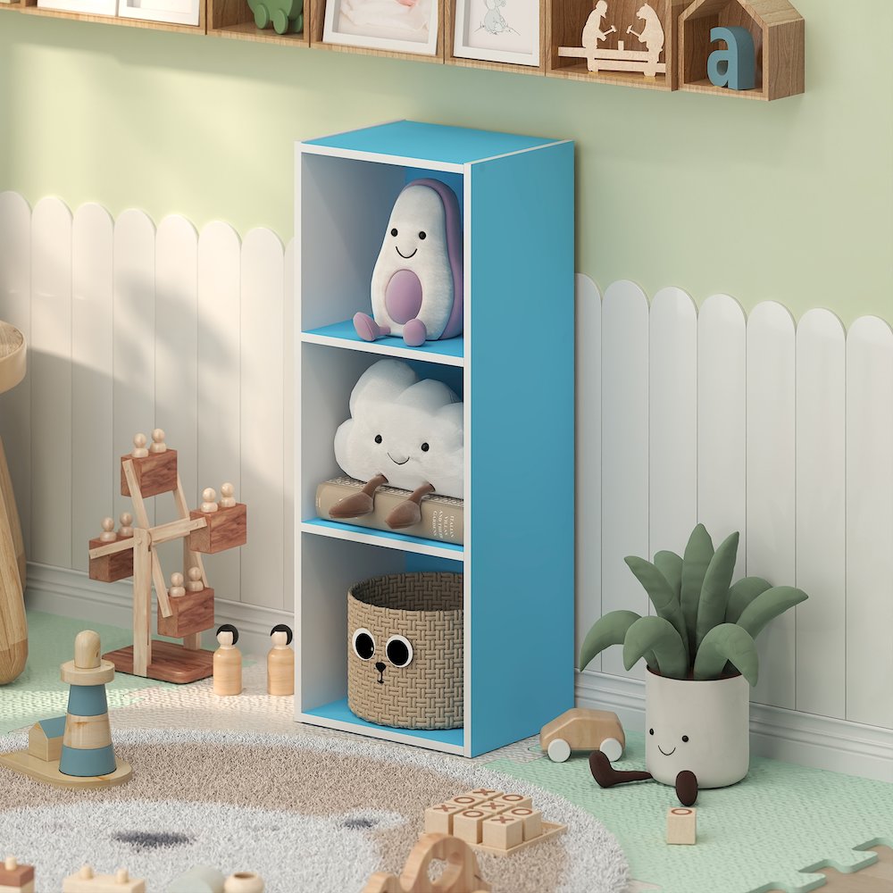 LUDER 3-Cube Kids Book Shelf, Toy Storage, 9.3x12x31.5, White/Light Blue. Picture 3