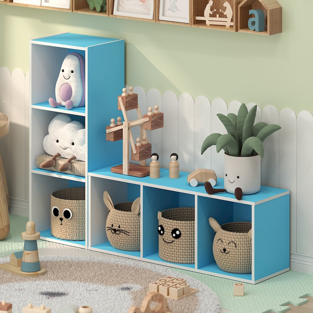 LUDER 3-Cube Kids Book Shelf, Toy Storage, 9.3x12x31.5, White/Light Blue. Picture 4