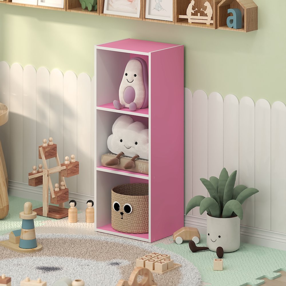 LUDER 3-Cube Kids Book Shelf, Toy Storage, 9.3x12x31.5, White/Pink. Picture 3