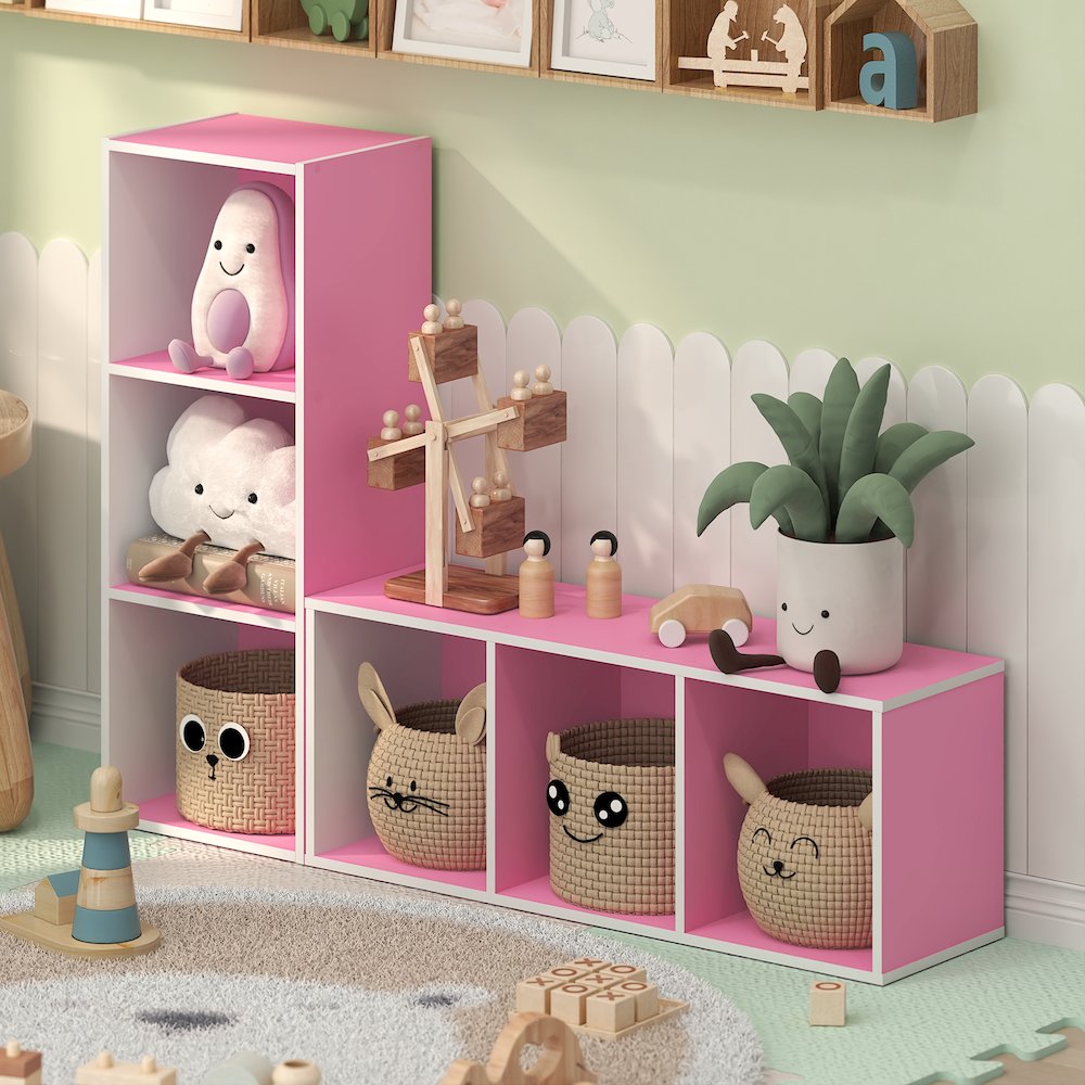 LUDER 3-Cube Kids Book Shelf, Toy Storage, 9.3x12x31.5, White/Pink. Picture 4