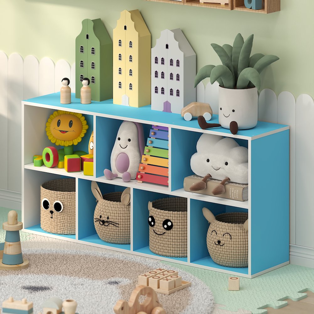 LUDER 7-Cube Kids Book Shelf, Toy Storage, 9.4x19.5x41.7, White/Light Blue. Picture 3