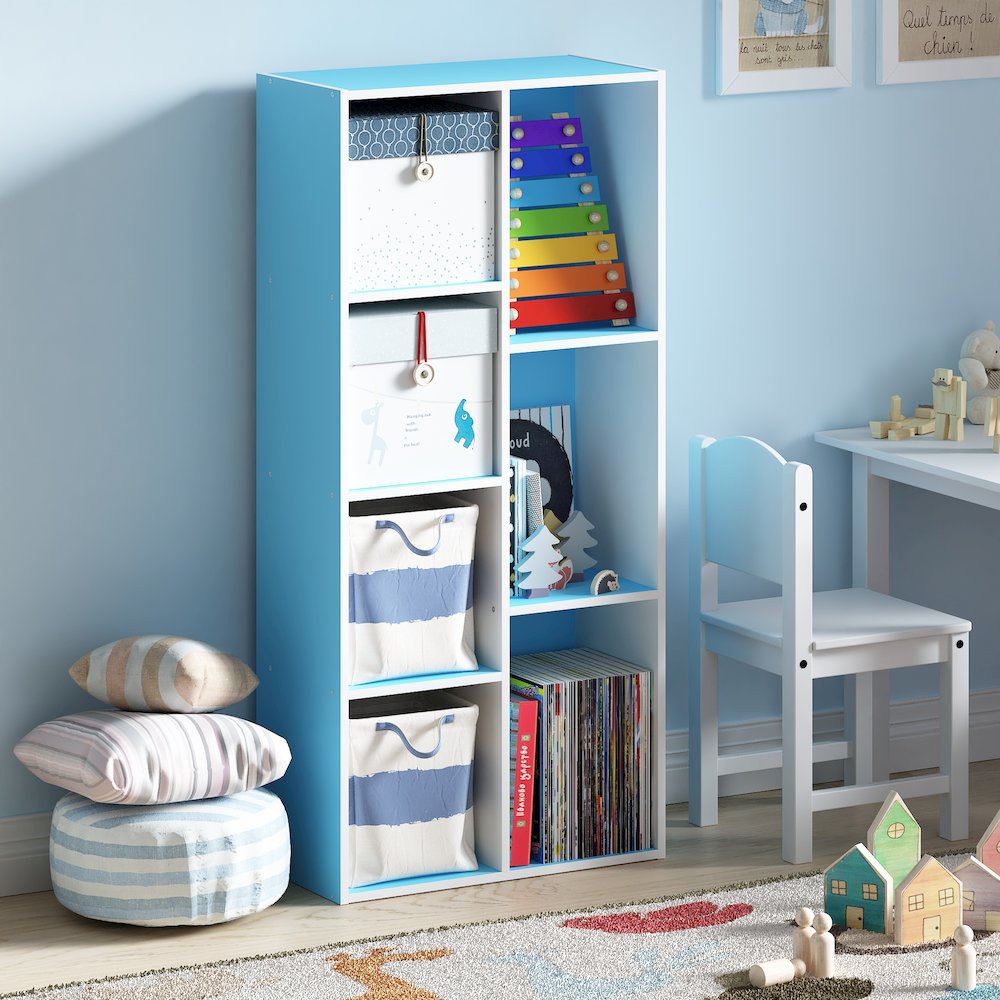 LUDER 7-Cube Kids Book Shelf, Toy Storage, 9.4x19.5x41.7, White/Light Blue. Picture 2