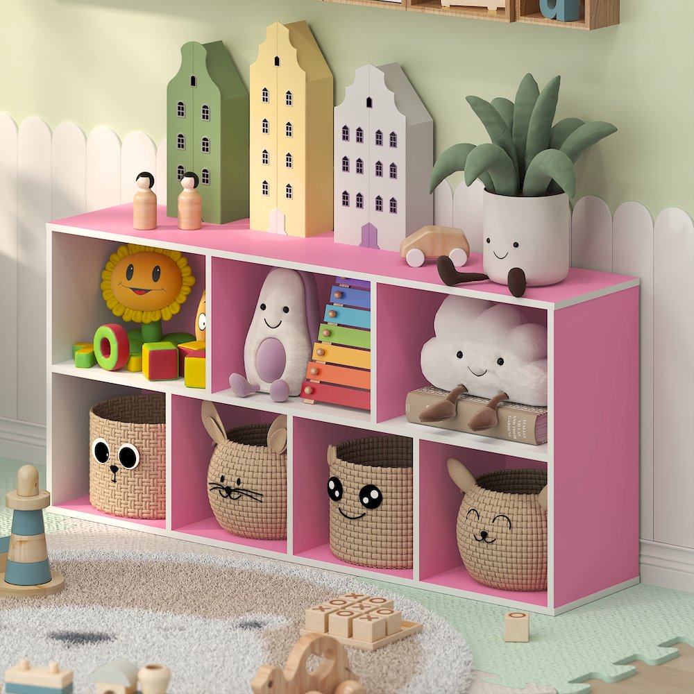 LUDER 7-Cube Kids Book Shelf, Toy Storage, 9.4x19.5x41.7, White/Pink. Picture 2