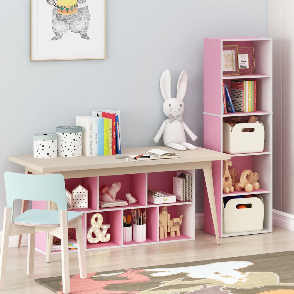 LUDER 7-Cube Kids Book Shelf, Toy Storage, 9.4x19.5x41.7, White/Pink. Picture 1