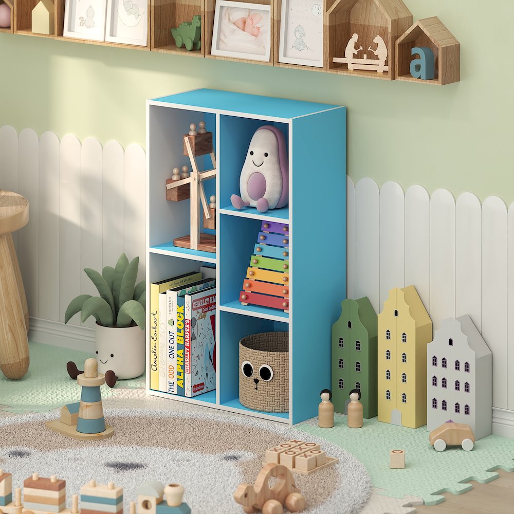 LUDER 5-Cube Kids Book Shelf, Toy Storage, 9.4x19.5x31.5, White/Light Blue. Picture 3