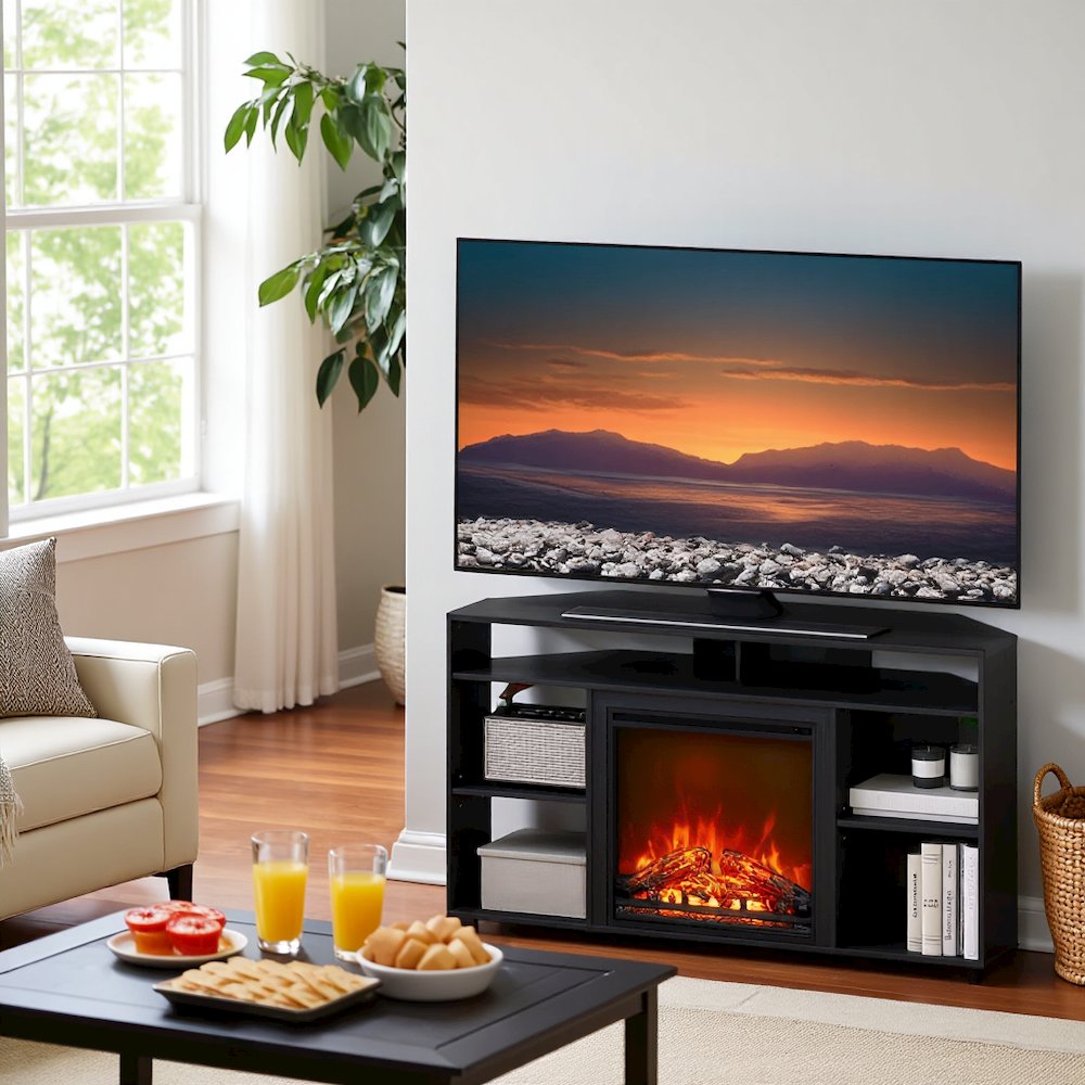 Black 55 Inch Fireplace TV Stand with Five Shelves and Electric Flame Display. Picture 2