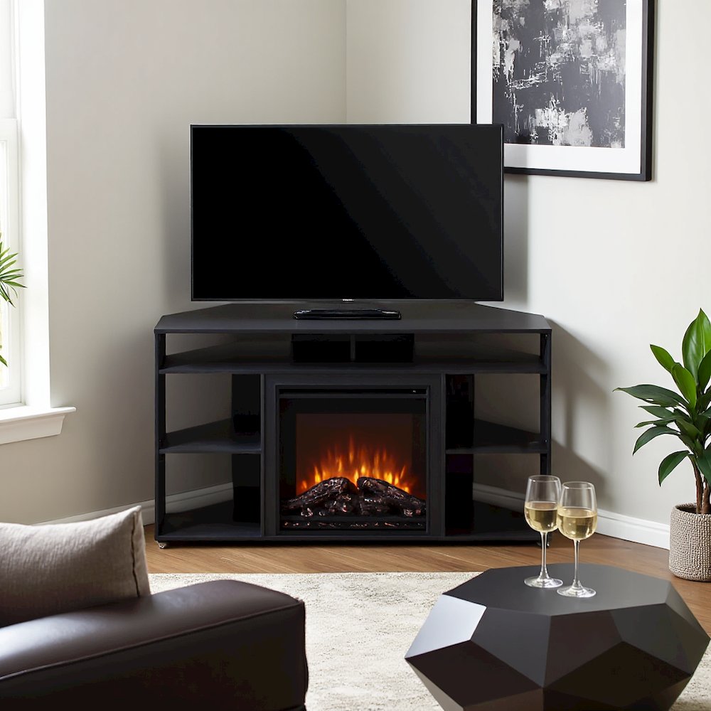 Black 55 Inch Fireplace TV Stand with Five Shelves and Electric Flame Display. Picture 3