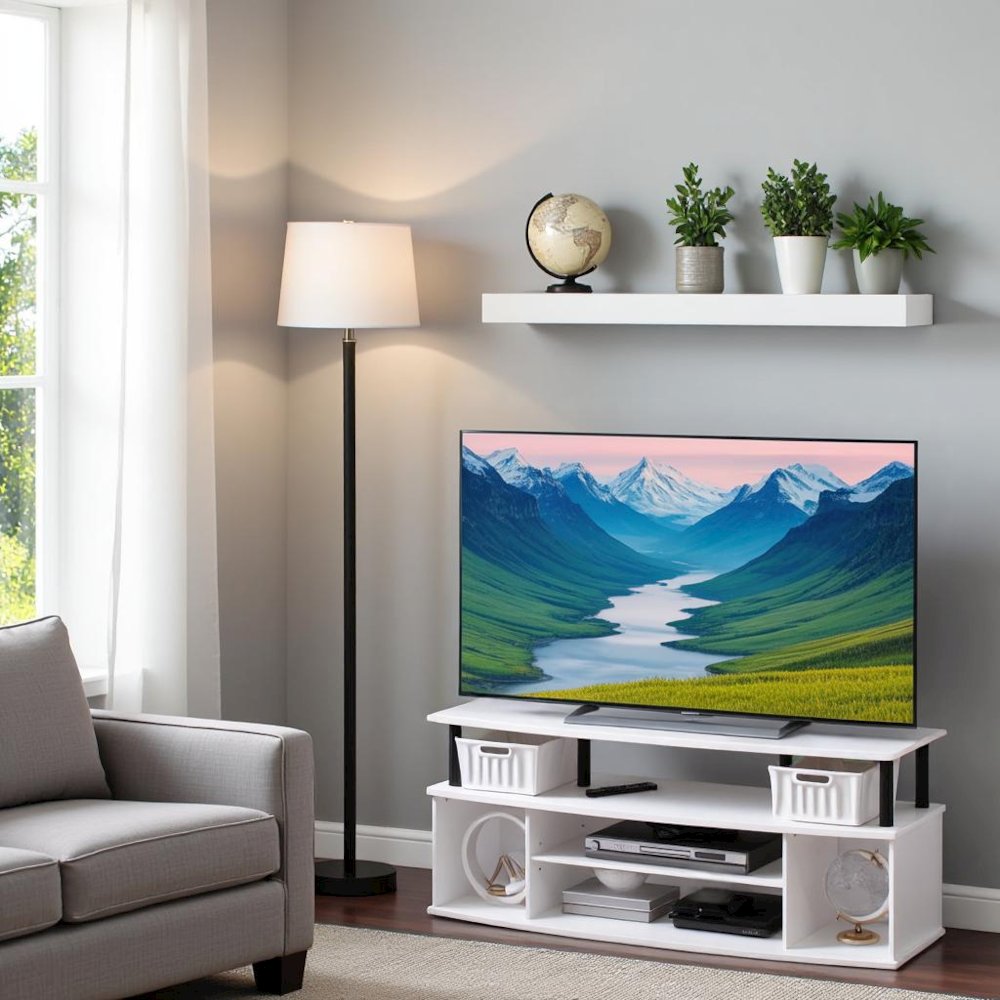 White 55 Inch TV Stand with 3 Shelves and 2 Cabinets Modern TV Console. Picture 2