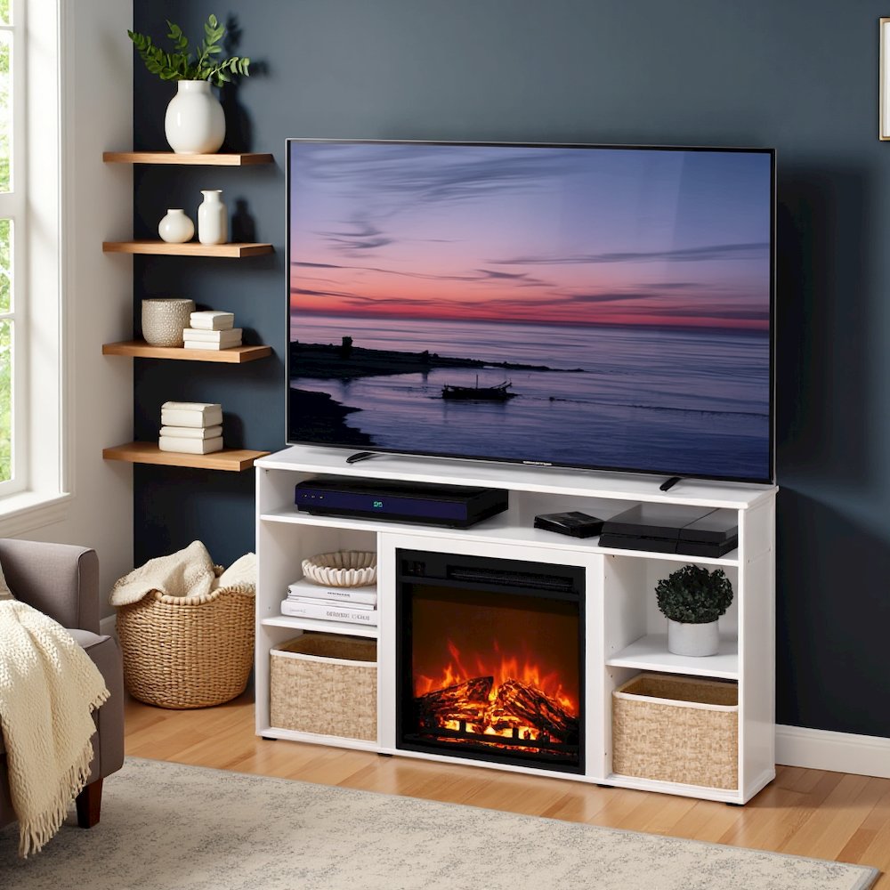 White TV Stand with Fireplace Insert and Six Open Shelves for 55 Inch Displays. Picture 3