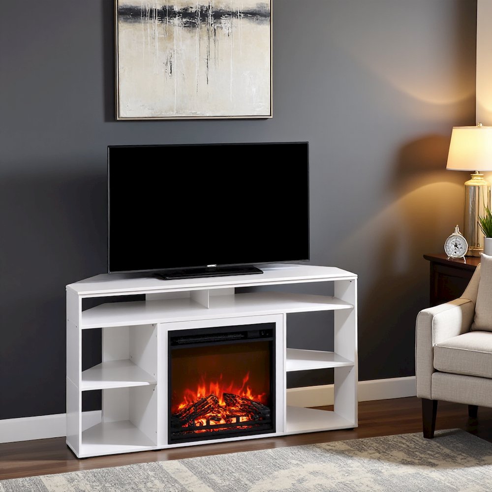 White TV Stand with Fireplace Insert and Six Open Shelves for 55 Inch Displays. Picture 4