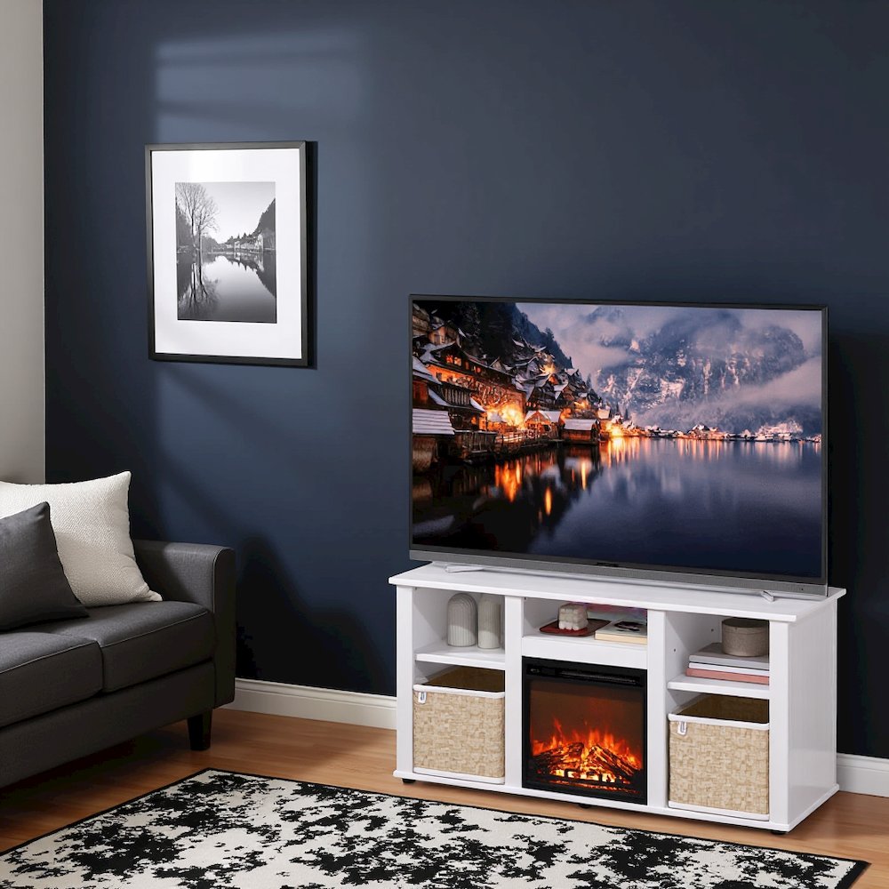 White 55 Inch Fireplace TV Stand with Five Shelves and Elegant Electric Insert. Picture 2