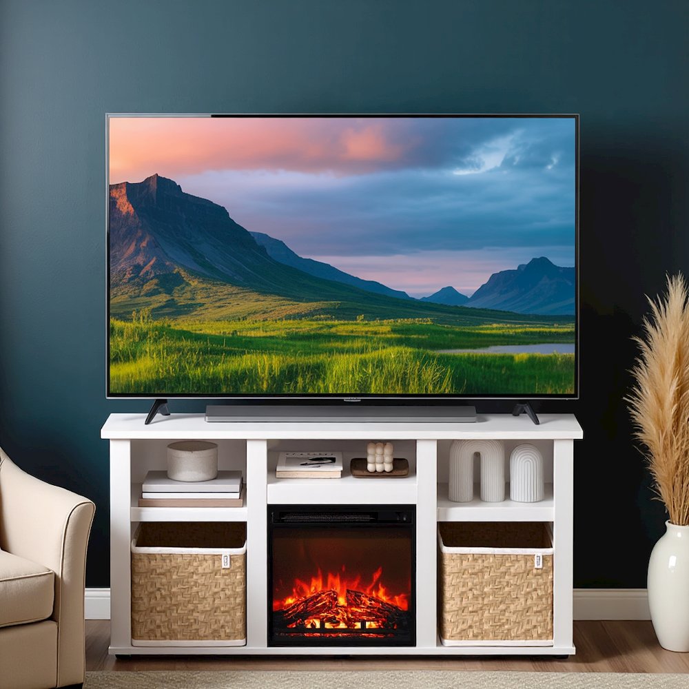 White 55 Inch Fireplace TV Stand with Five Shelves and Elegant Electric Insert. Picture 3