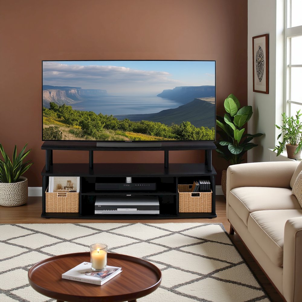 Black TV Stand with 3 Open Shelves, 2 Cabinets, for Up to 55 Inch TV. Picture 3
