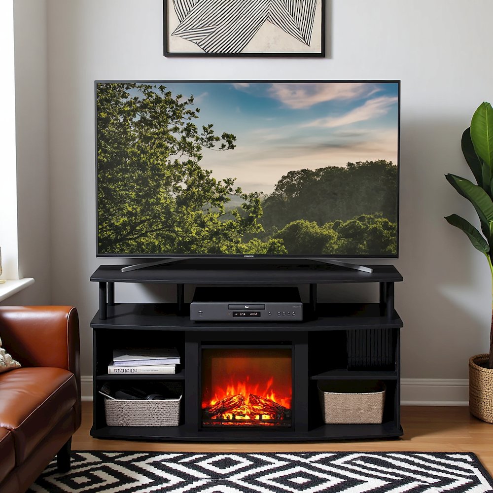 Black Fireplace TV Stand,Four Shelves for 55 Inch Displays and Media Storage. Picture 2