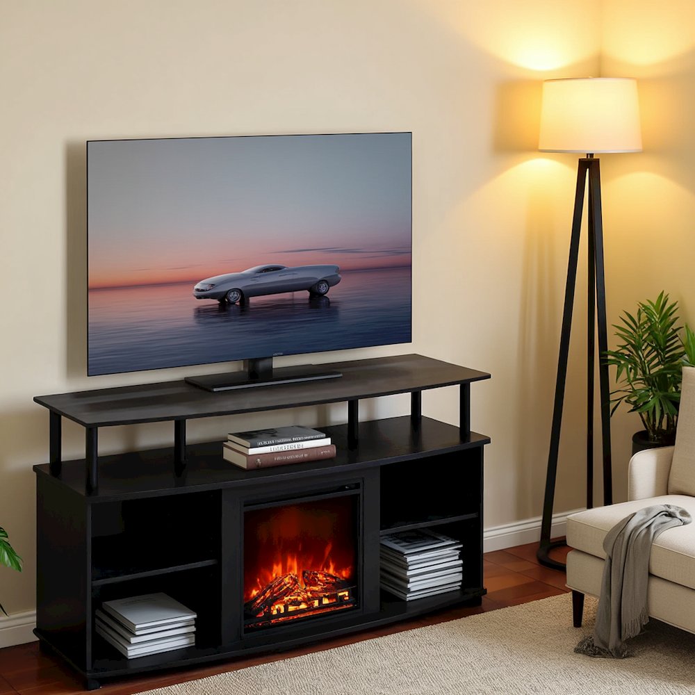 Black Fireplace TV Stand,Four Shelves for 55 Inch Displays and Media Storage. Picture 3